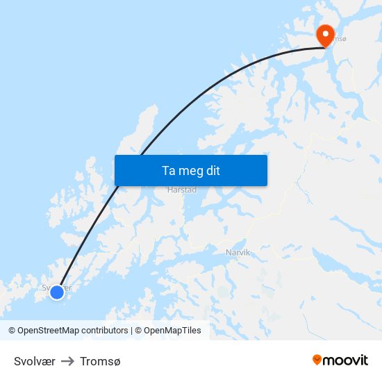 Svolvær to Tromsø map