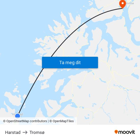 Harstad to Tromsø map