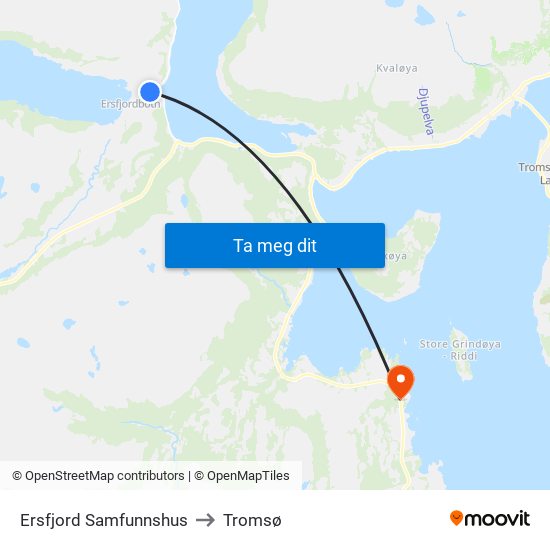 Ersfjord Samfunnshus to Tromsø map
