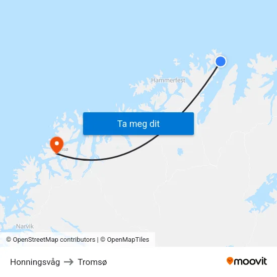 Honningsvåg to Tromsø map