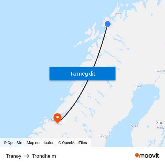 Tranøy to Trondheim map