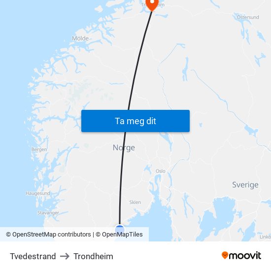Tvedestrand to Trondheim map