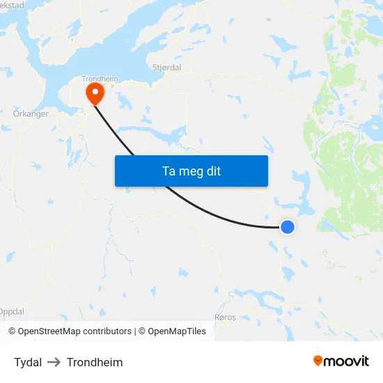 Tydal to Trondheim map
