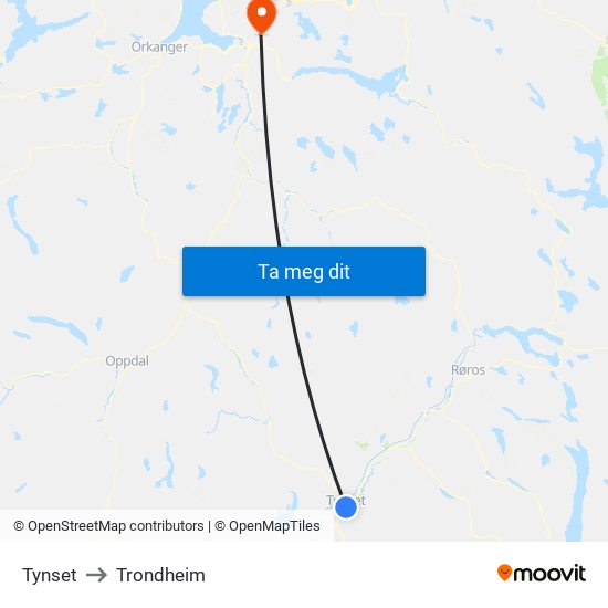 Tynset to Trondheim map