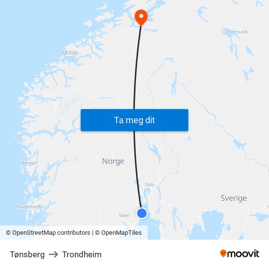 Tønsberg to Trondheim map