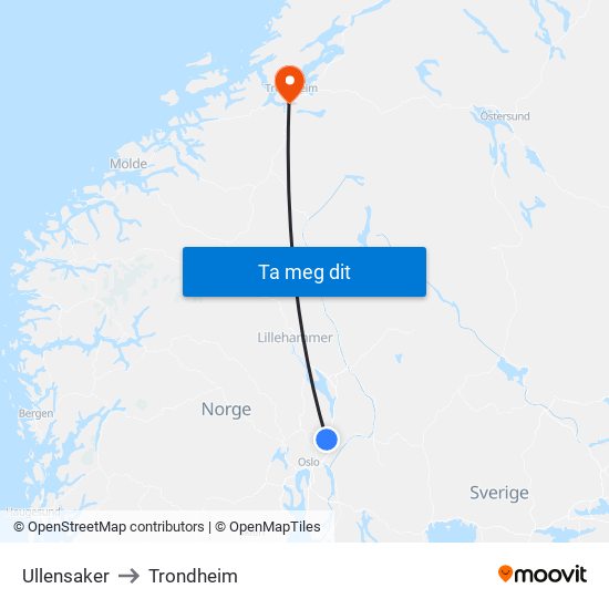 Ullensaker to Trondheim map