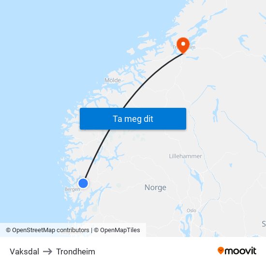 Vaksdal to Trondheim map