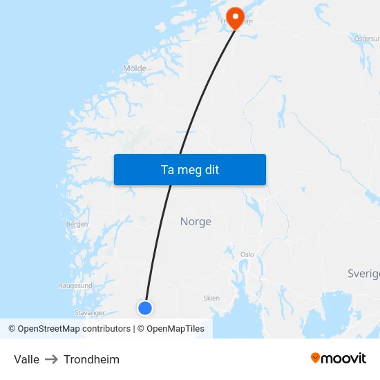 Valle to Trondheim map