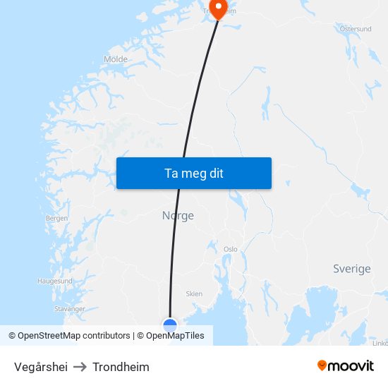 Vegårshei to Trondheim map