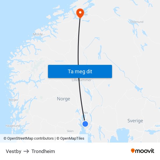 Vestby to Trondheim map