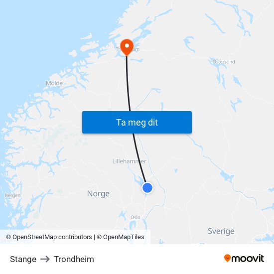 Stange to Trondheim map