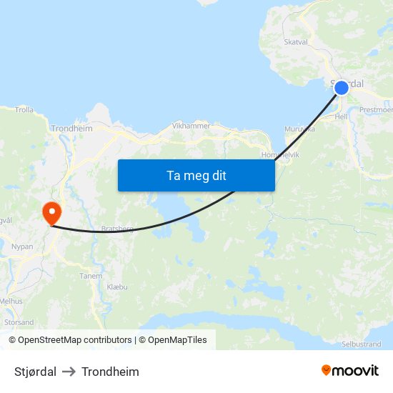 Stjørdal to Trondheim map