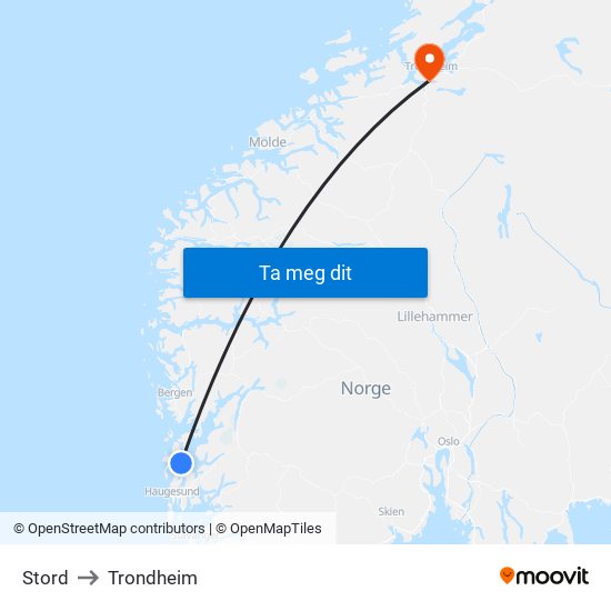 Stord to Trondheim map