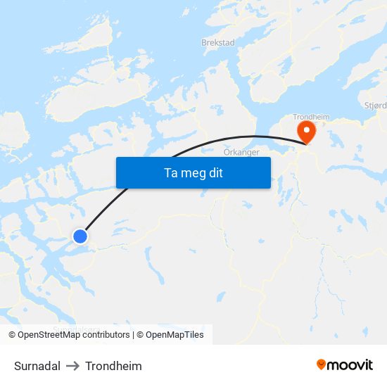 Surnadal to Trondheim map