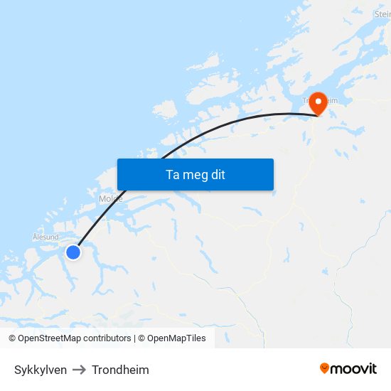 Sykkylven to Trondheim map