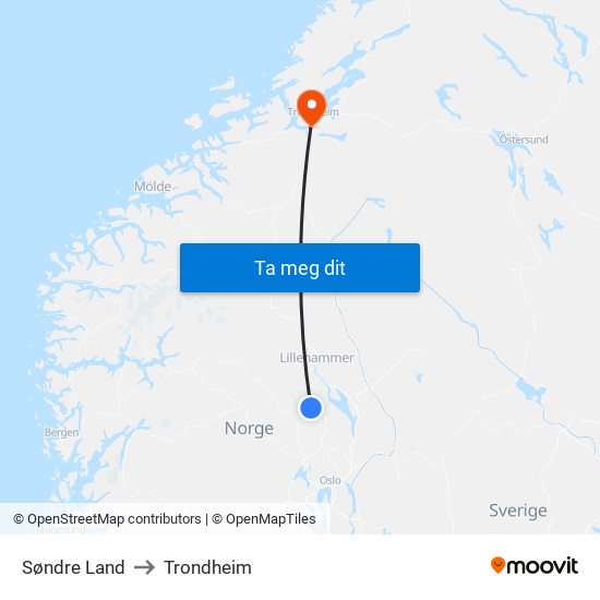 Søndre Land to Trondheim map