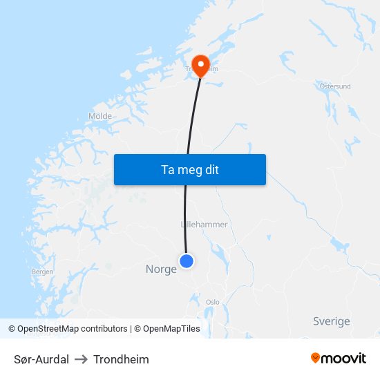 Sør-Aurdal to Trondheim map