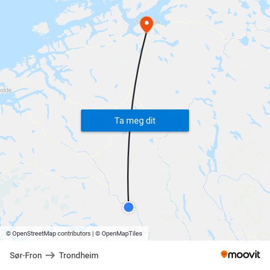 Sør-Fron to Trondheim map