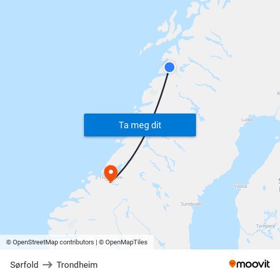 Sørfold to Trondheim map