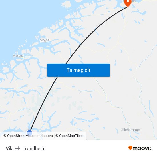 Vik to Trondheim map