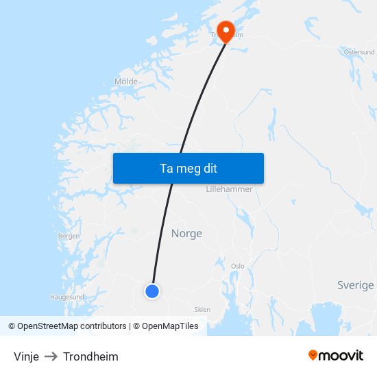 Vinje to Trondheim map