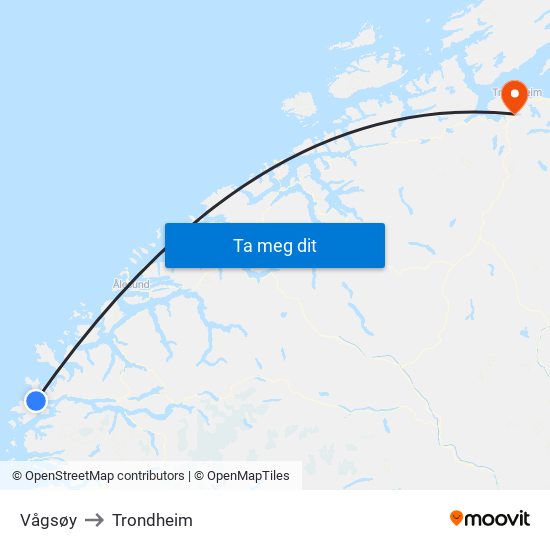 Vågsøy to Trondheim map