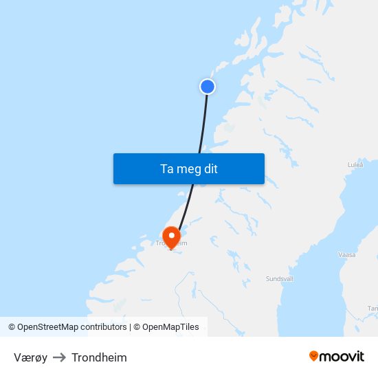 Værøy to Trondheim map