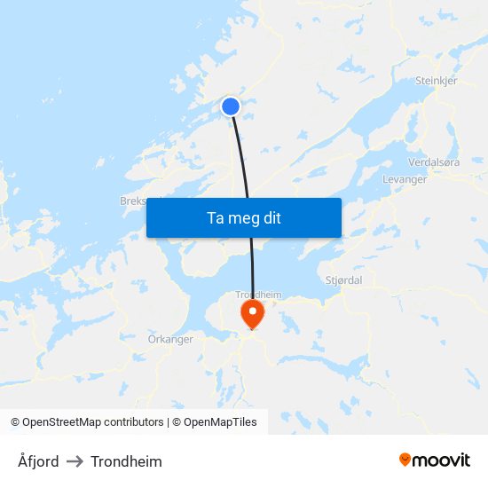 Åfjord to Trondheim map