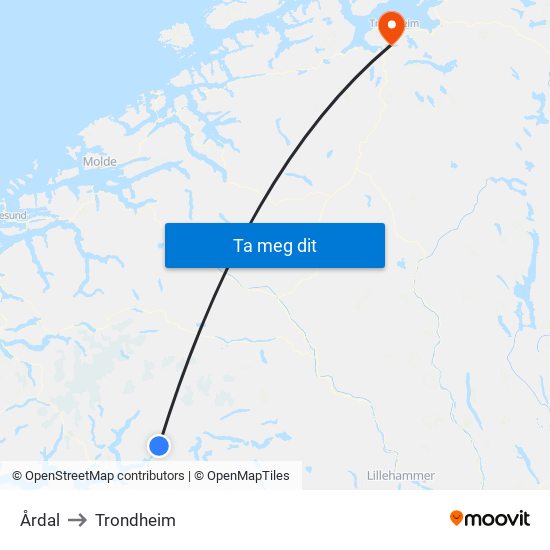 Årdal to Trondheim map