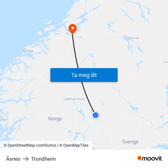 Åsnes to Trondheim map