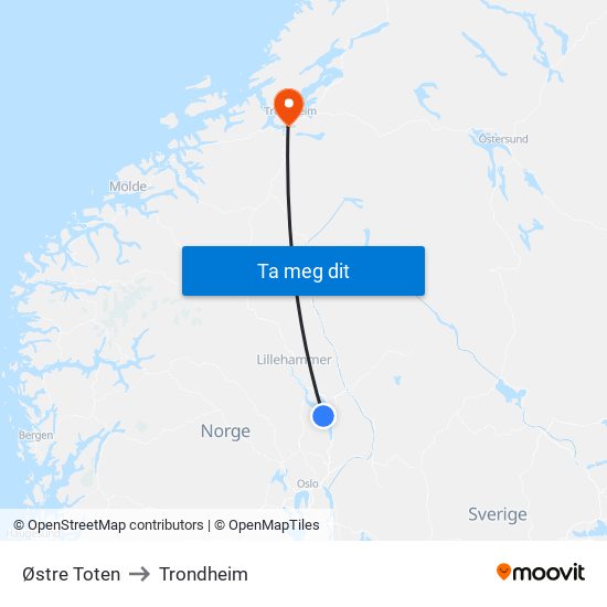 Østre Toten to Trondheim map