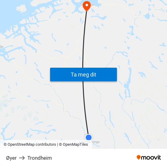 Øyer to Trondheim map