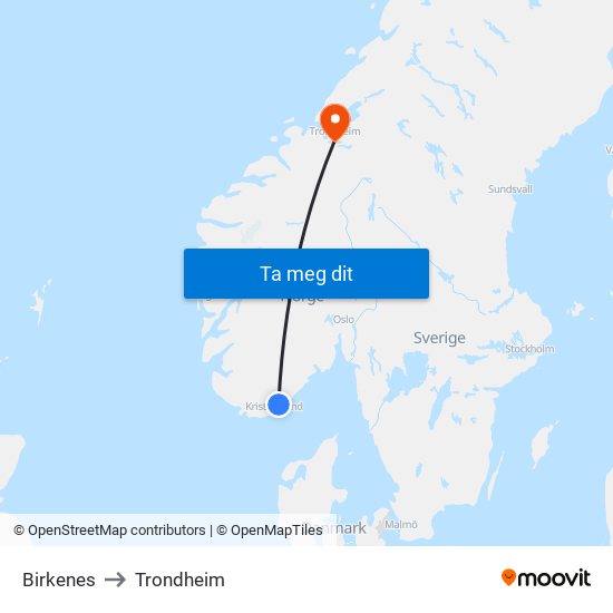 Birkenes to Trondheim map