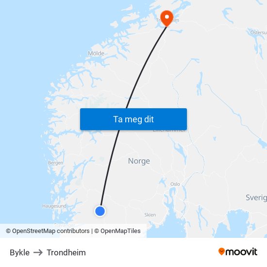 Bykle to Trondheim map