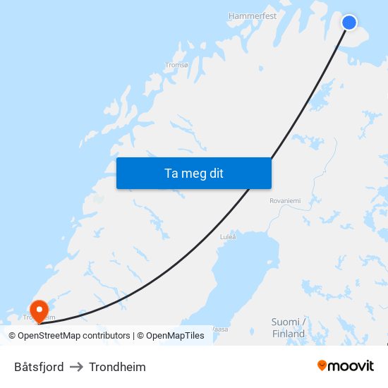 Båtsfjord to Trondheim map