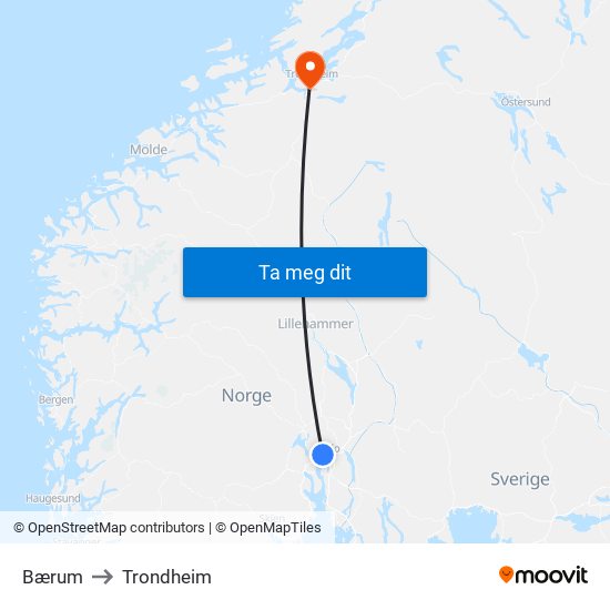 Bærum to Trondheim map