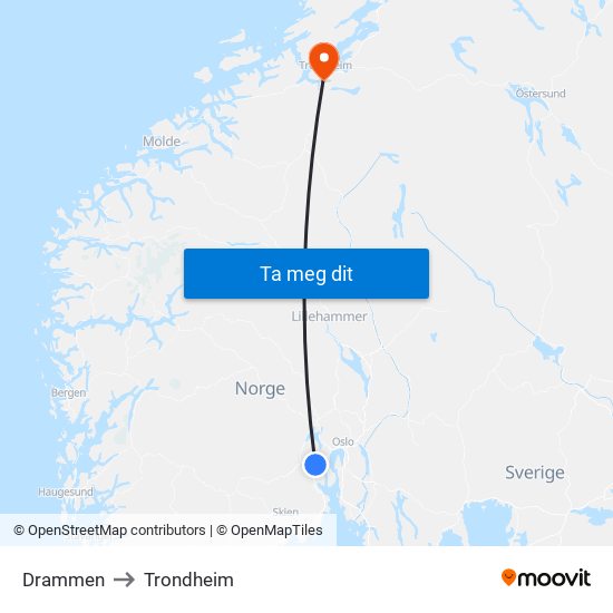 Drammen to Trondheim map