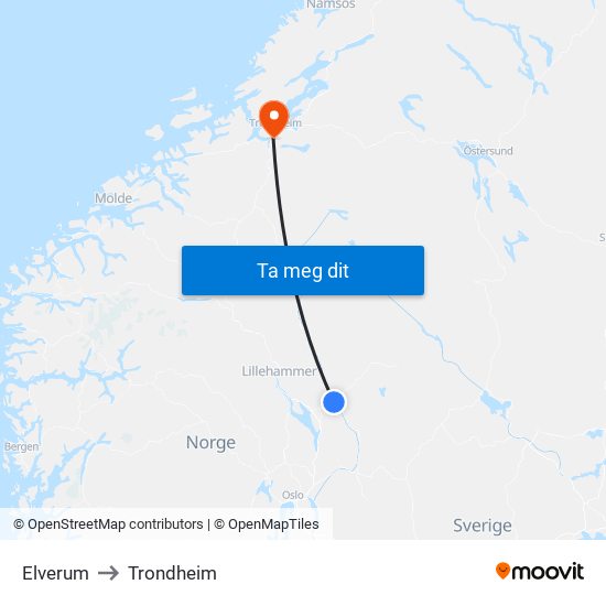 Elverum to Trondheim map