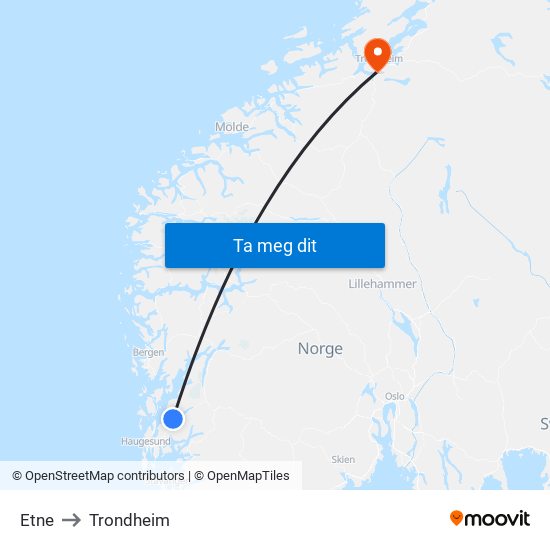 Etne to Trondheim map