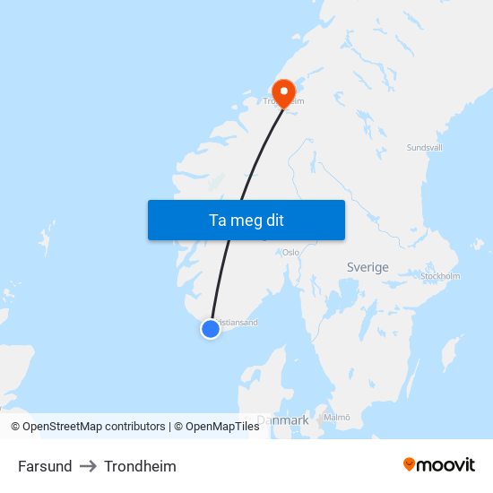 Farsund to Trondheim map
