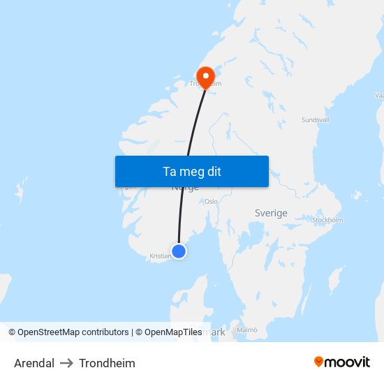 Arendal to Trondheim map