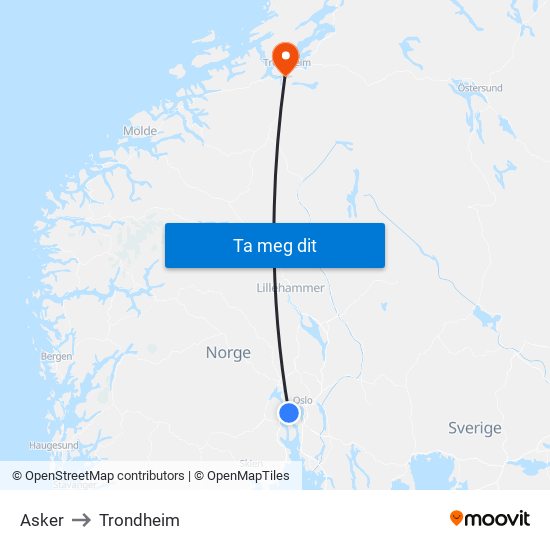 Asker to Trondheim map