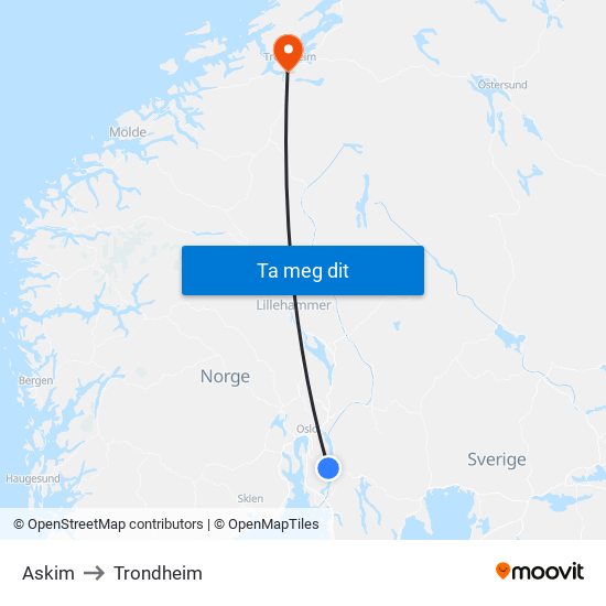 Askim to Trondheim map