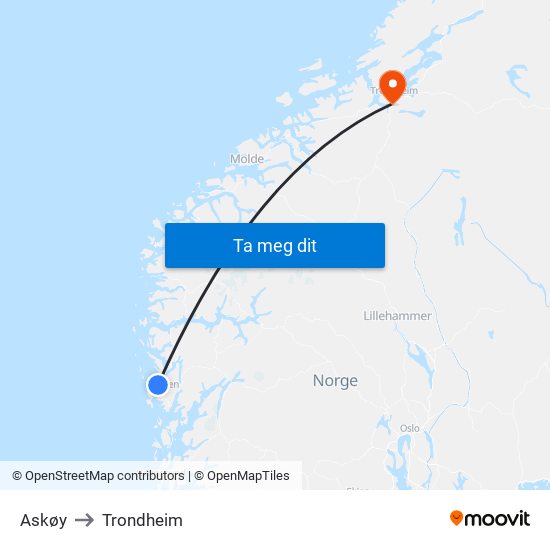 Askøy to Trondheim map