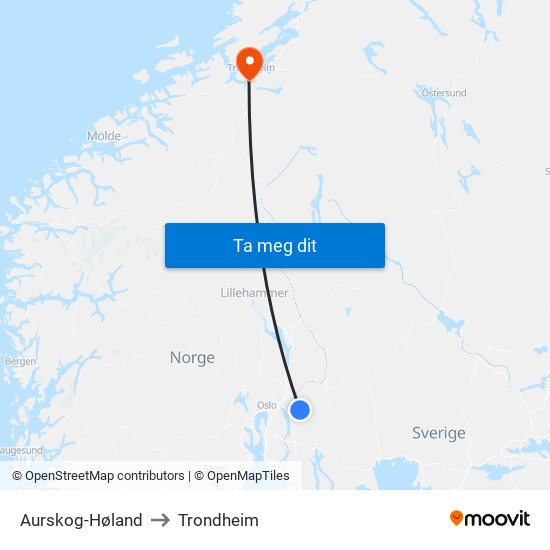 Aurskog-Høland to Trondheim map