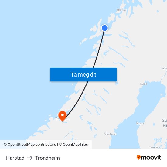Harstad to Trondheim map