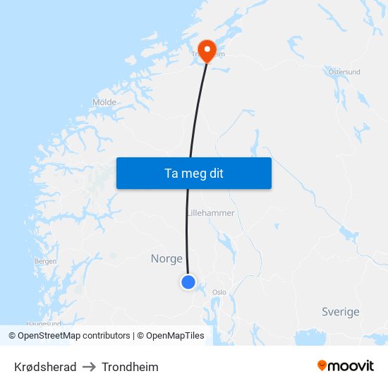 Krødsherad to Trondheim map