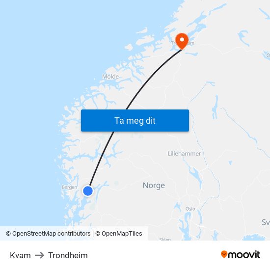 Kvam to Trondheim map