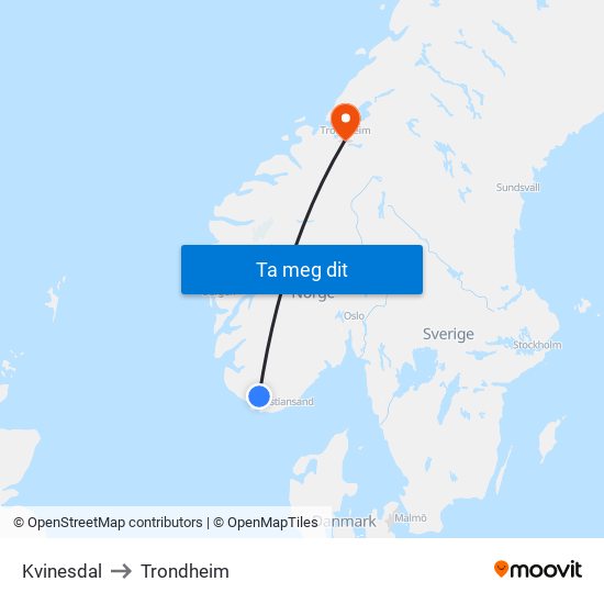 Kvinesdal to Trondheim map