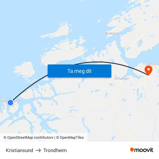 Kristiansund to Trondheim map